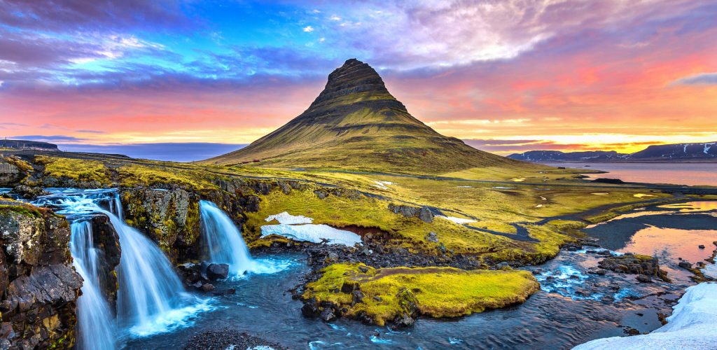 kirkjufell at sunrise in iceland. beautiful landscape.